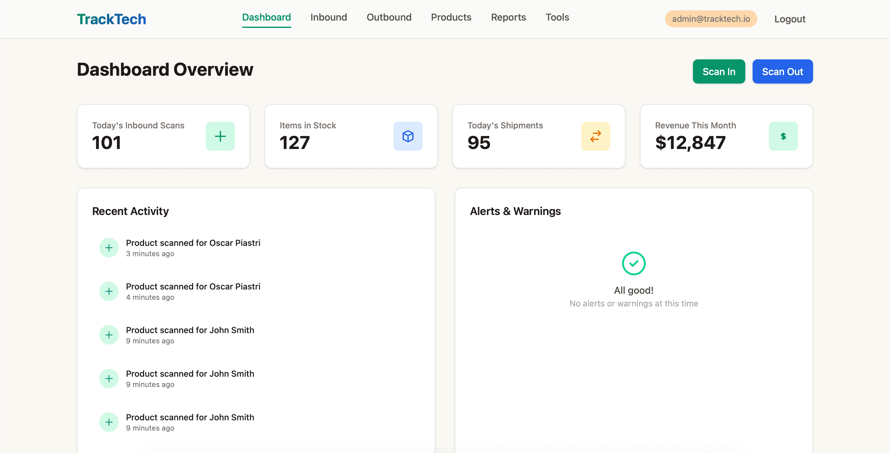 TrackTech dashboard overview