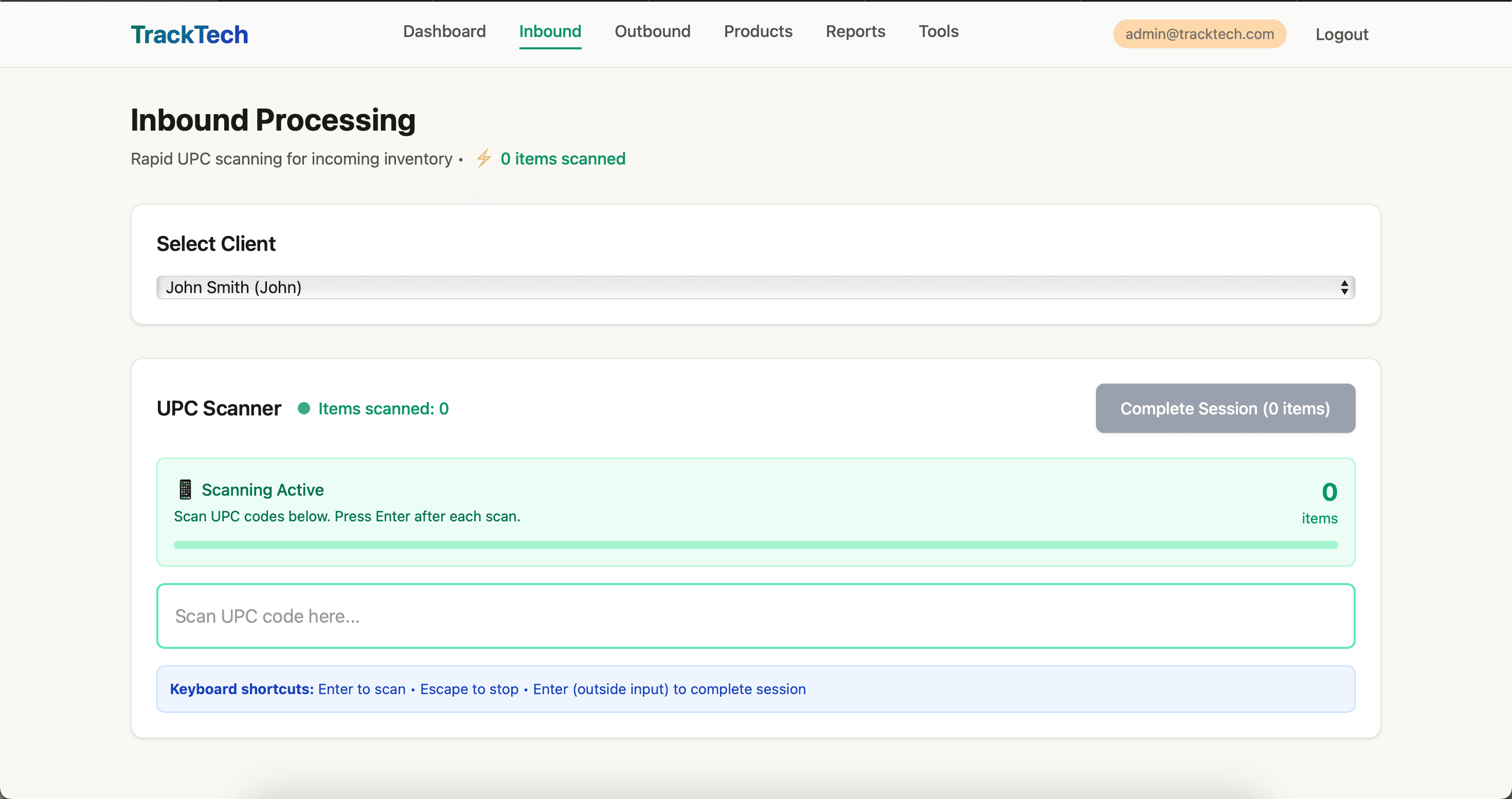 TrackTech inbound scanning interface